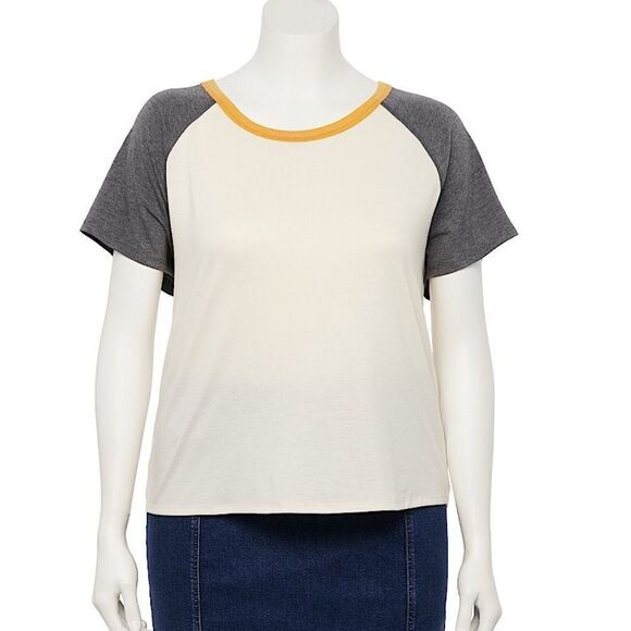 🌴 SO® Juniors'  Raglan Ringer T-Shirt XL
 Mustard Yellow Trim, Grey, Cream Body - Picture 1 of 10